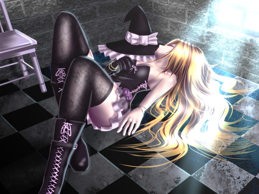alternate_costume bad_id bad_pixiv_id black_legwear blonde_hair boots bracelet brick_wall bustier chair checkered checkered_floor closed_eyes cross-laced_footwear eyelashes facing_away flower gloves hand_on_own_chest hat hat_removed hat_ribbon headwear_removed jewelry kirisame_marisa knees_up legs light_rays long_hair lying on_back perspective purple_flower purple_rose ribbon rose single_glove smile solo sunbeam sunlight thighhighs tile_floor tiles touhou window yusuke_(shiota)