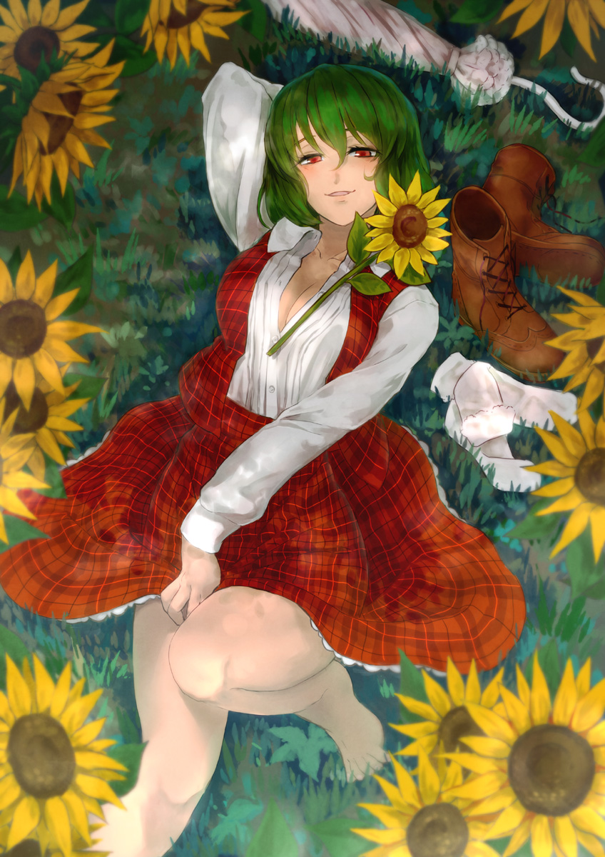 ascot barefoot blush boots flower green_hair highres kazami_yuuka lying nathaniel_pennel open_clothes open_mouth open_shirt plaid plaid_skirt plaid_vest red_eyes shirt shoes_removed short_hair skirt smile socks_removed solo sunflower touhou umbrella vest