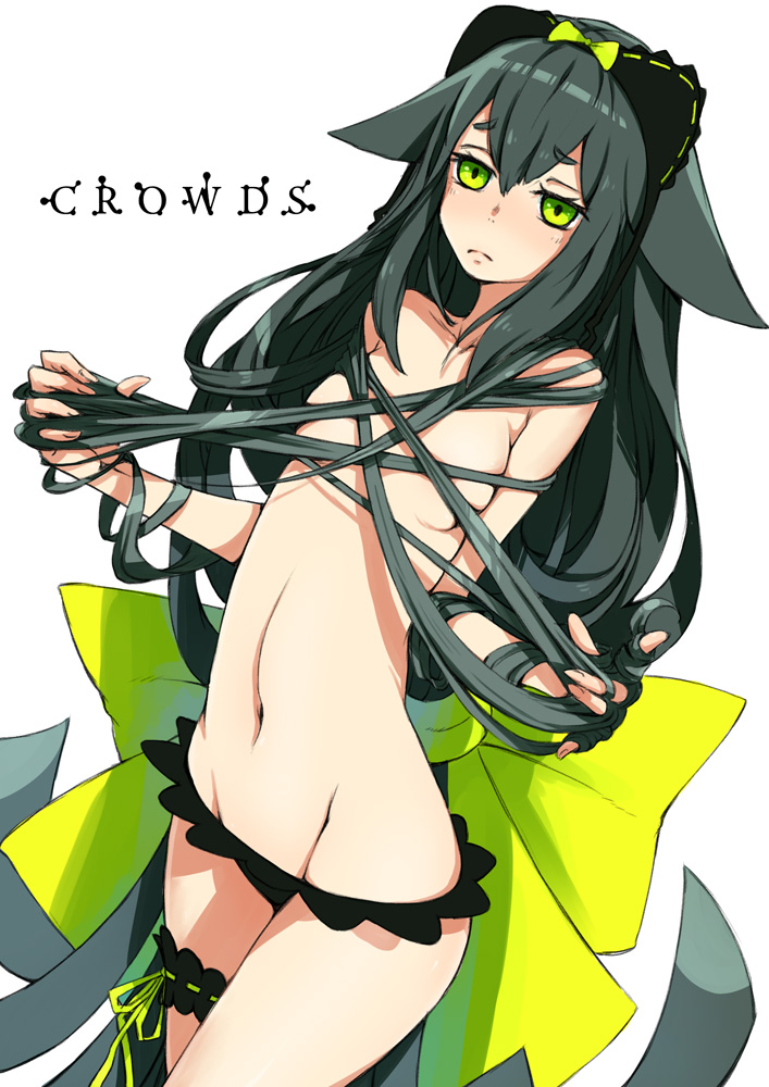 bad_id bad_pixiv_id bikini bikini_top_removed black_bikini bow frilled_bikini frills gatchaman_crowds green_eyes green_hair hair_censor hair_over_breasts large_bow leg_garter long_hair navel nukomasu ribbon solo swimsuit topless utsutsu very_long_hair