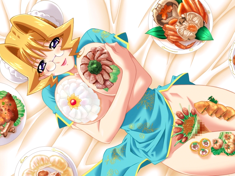 1girl blonde_hair blush breasts censored chinese_clothes food game_cg glasses large_breasts lying milf solo