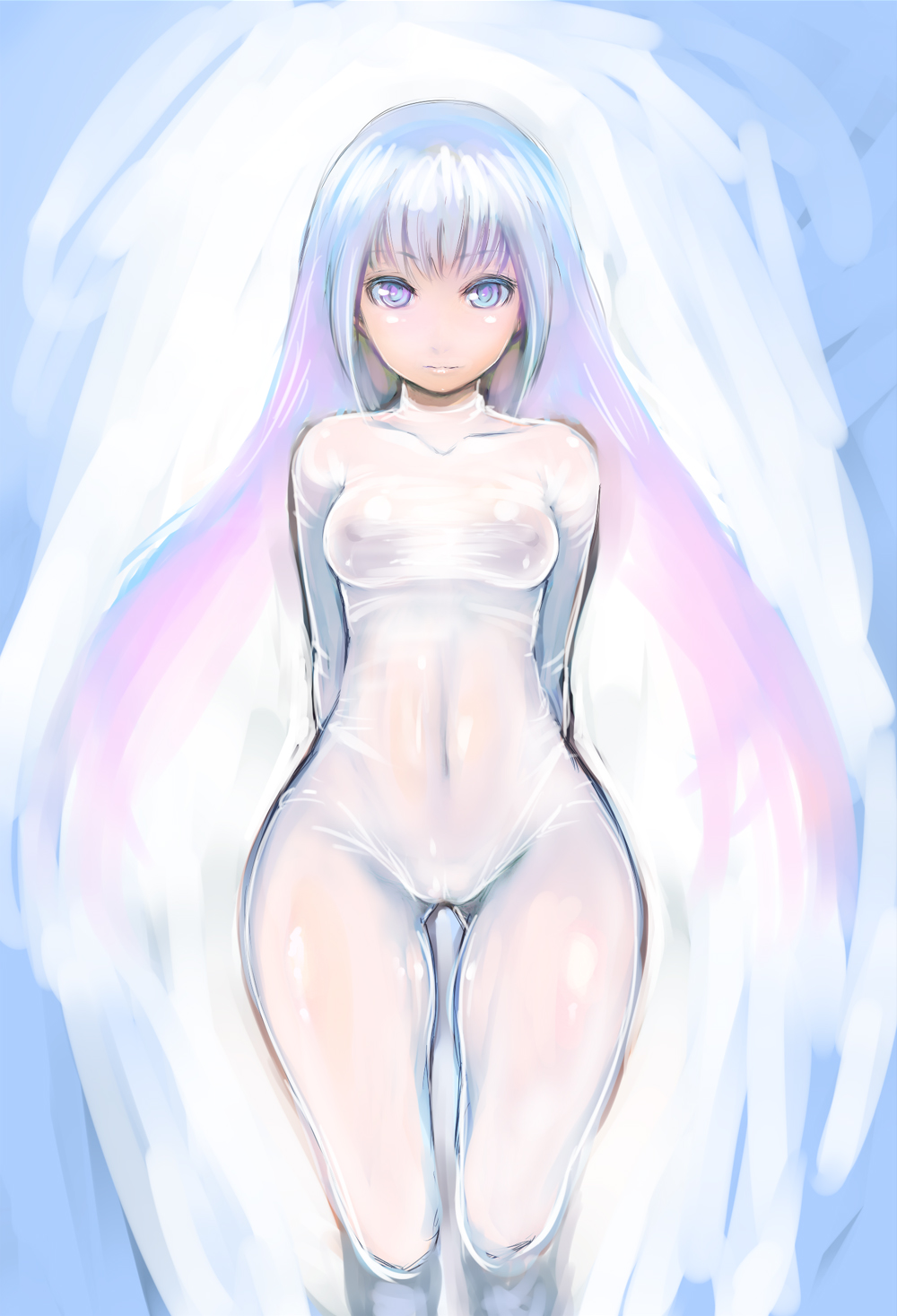 arms_behind_back bad_id bad_pixiv_id blue_eyes blue_hair bodysuit breasts covered_navel gradient_hair highres johan_(johan13) light_smile long_hair looking_at_viewer multicolored_hair original pink_hair see-through small_breasts solo symmetry very_long_hair wide_hips