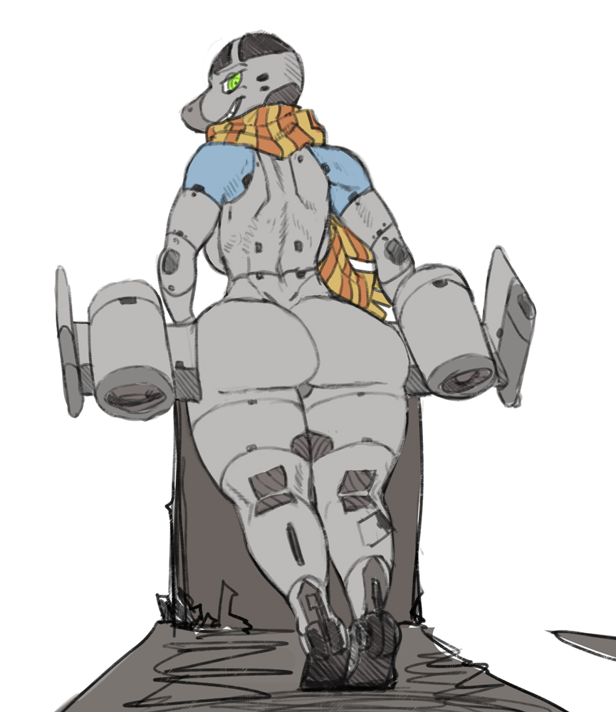 aeromorph anthro back big_butt breasts butt female green_eyes jet living_aircraft looking_back not_furry nude presenting presenting_hindquarters robotjoe scarf side_boob wide_hips