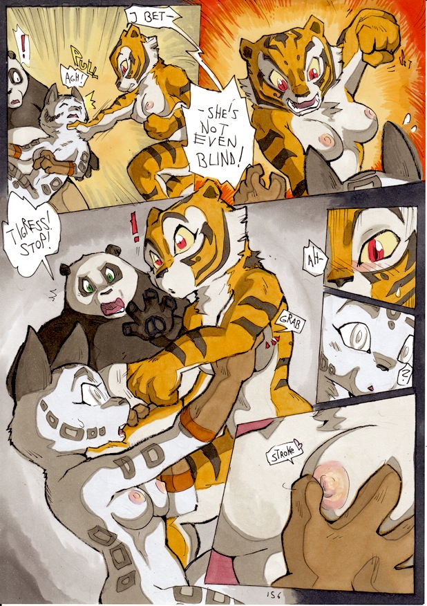 &lt;3 2013 ? bear better_late_than_never blush breast_grab breasts cat comic daigaijin dialog english_text feline female gloves grab green_eyes kung_fu_panda male mammal master_tigress nipples nude panda po red_eyes song_(character) text tiger