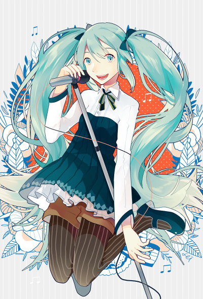 aqua_eyes bad_id bad_pixiv_id dress fen_renlei hatsune_miku legwear_under_shorts long_hair mary_janes microphone microphone_stand open_mouth pantyhose shoes shorts shorts_under_dress solo striped striped_legwear twintails vertical-striped_legwear vertical_stripes very_long_hair vocaloid