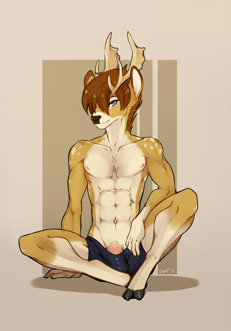 brown_hair brown_nose caninelove cervine deer hair horn male mammal nipples penis solo topless