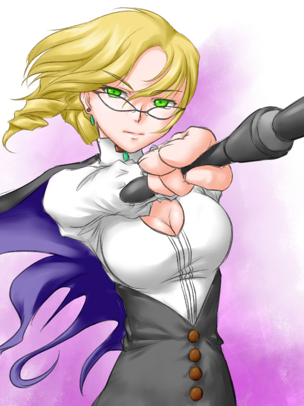 ^jj^ blonde_hair breasts cleavage cleavage_cutout foreshortening glasses glynda_goodwitch green_eyes medium_breasts rwby solo wand