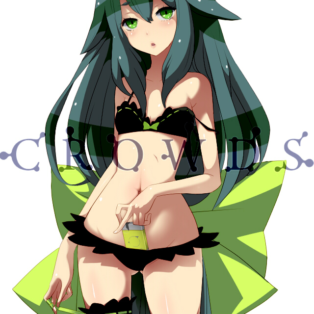 :o bad_id bad_pixiv_id bare_shoulders bikini black_hair copyright_name gatchaman_crowds green_eyes groin long_hair looking_at_viewer navel solo strap_slip suzu-batsu swimsuit utsutsu white_background