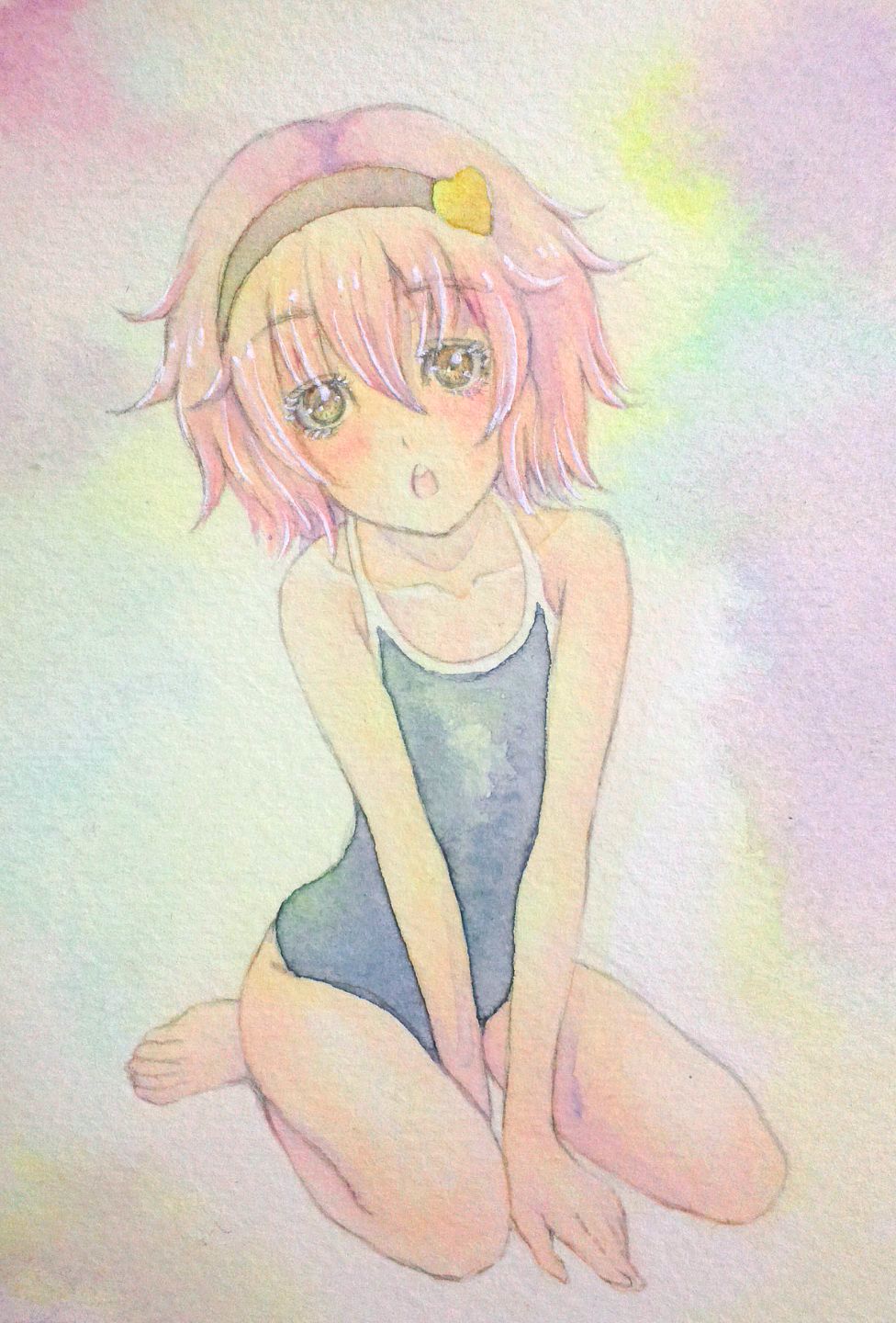 :o barefoot brown_eyes collarbone eyelashes hairband heart highres komeiji_satori looking_at_viewer one-piece_swimsuit open_mouth pink_hair school_swimsuit seiza sitting solo swimsuit touhou traditional_media v_arms watercolor_(medium) yuyu_(00365676)