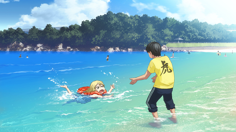 &gt;_&lt; 1girl beach blonde_hair blue_eyes brown_hair closed_eyes cloud cloudy_sky day island life_vest long_hair mocha_(cotton) ocean open_mouth original outdoors partially_submerged short_hair sky swimming swimsuit wading water