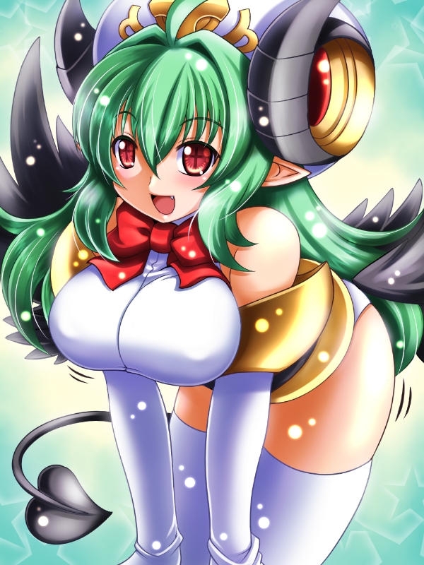 1girl arcana_trust bare_shoulders breasts demon_girl demon_tail elbow_gloves female gloves green_hair hat horns huge_breasts kitsutan leaning_forward long_hair open_mouth pointy_ears red_eyes shinrabanshou solo standing succubus symbol-shaped_pupils tail thighhighs white_gloves white_legwear white_thighhighs