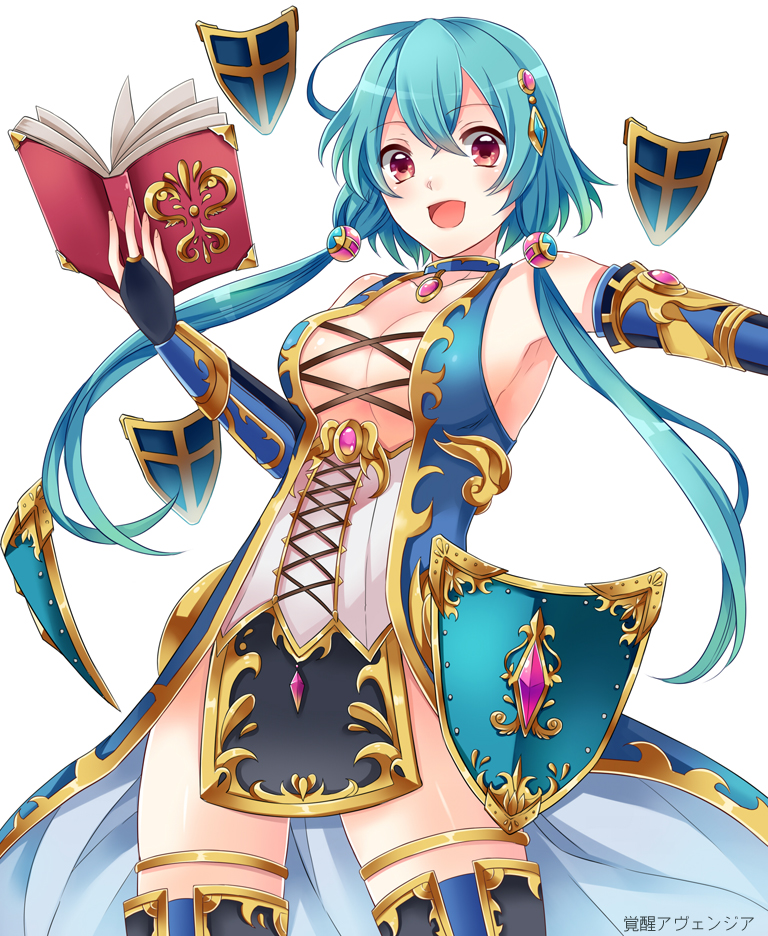 :d aqua_hair bare_shoulders book breasts cleavage cowboy_shot elbow_gloves gloves hair_between_eyes kakusei_avenger looking_at_viewer medium_breasts open_mouth original red_eyes shina_shina short_hair_with_long_locks sleeveless smile solo thighhighs