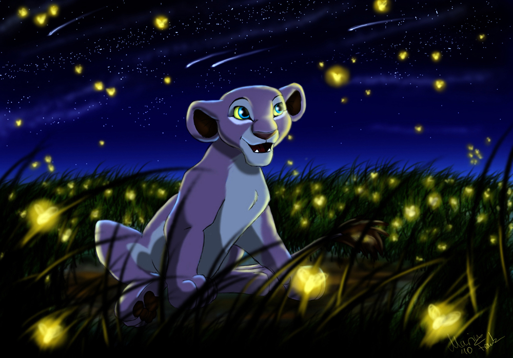 disney fantasy fantasyisland feline feral firefly happy illustration lion mammal nala night sky stars the_lion_king yunaki
