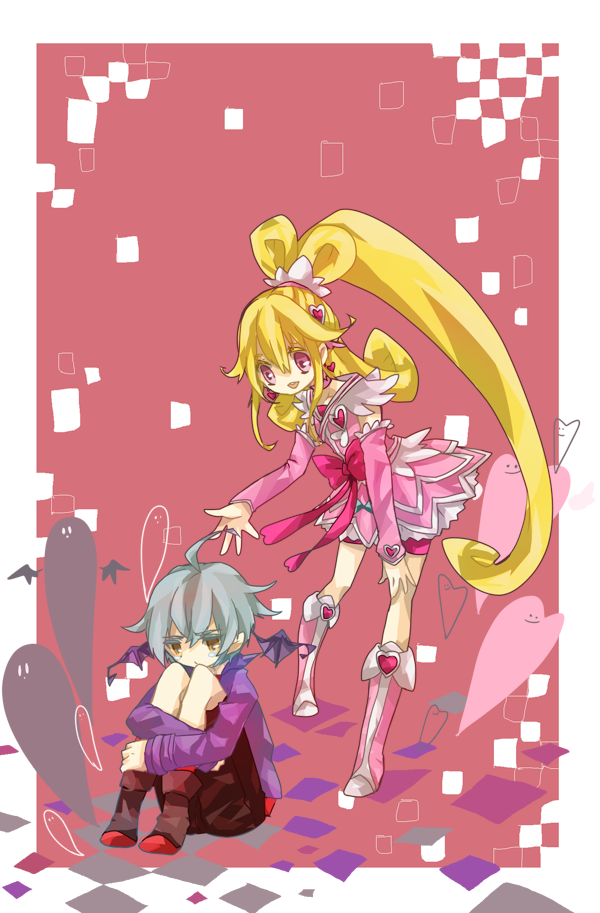 1girl :d ahoge aida_mana blonde_hair blue_hair boots bow comforting cure_heart dokidoki!_precure ghost half_updo ira_(dokidoki!_precure) knees_to_chest long_hair open_mouth outstretched_hand pink_bow pink_eyes pink_footwear pink_sleeves ponytail precure sad short_hair sitting smile standing w00p yellow_eyes