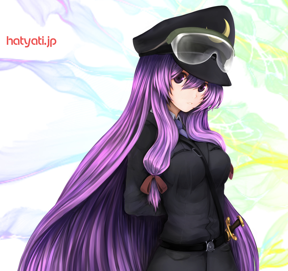 arms_behind_back between_breasts blush breasts crescent goggles goggles_on_head hachachi hair_ribbon hat large_breasts long_hair long_sleeves looking_at_viewer military military_uniform necktie patchouli_knowledge purple_eyes purple_hair ribbon sheath sheathed solo strap_cleavage sword touhou uniform weapon