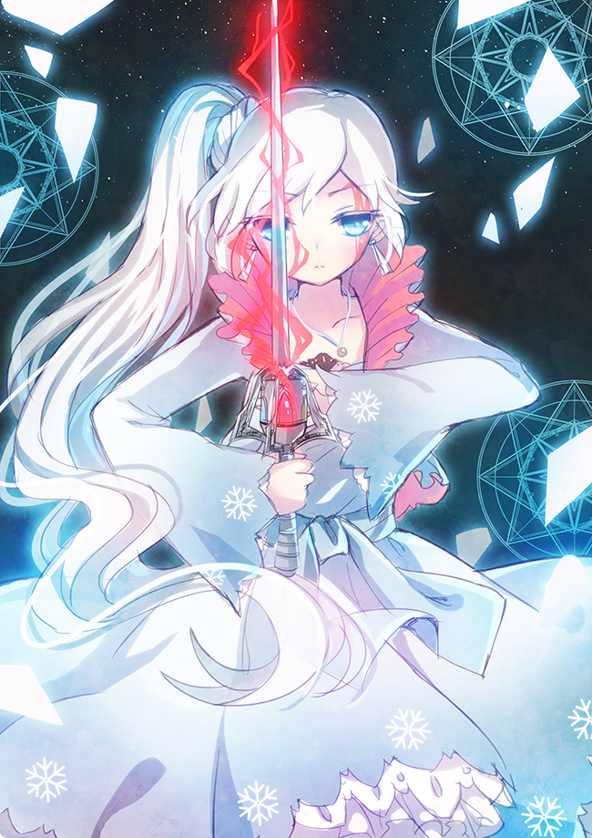 blood blue_eyes broken_glass dress earrings emia_wang frills glass jacket jewelry long_hair magic_circle myrtenaster necklace ponytail rapier rwby scar side_ponytail snowflakes solo star_(sky) sword very_long_hair weapon weiss_schnee white_dress white_hair