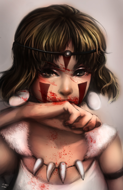 allison_chan armlet banned_artist blood blood_on_face blood_splatter brown_eyes brown_hair cape circlet earrings facepaint jewelry mononoke_hime necklace san short_hair solo wiping_face
