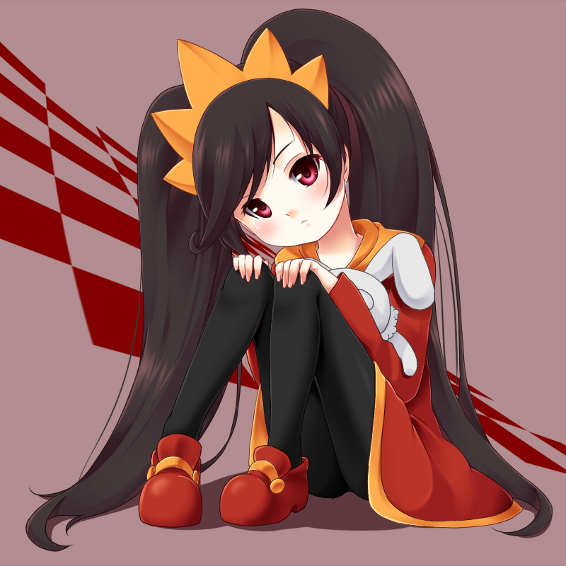 ashley_(warioware) bad_id bad_pixiv_id black_hair checkered dress hands_on_own_knees hikataso long_hair looking_at_viewer pantyhose red_eyes shadow sitting solo stuffed_animal stuffed_toy twintails warioware