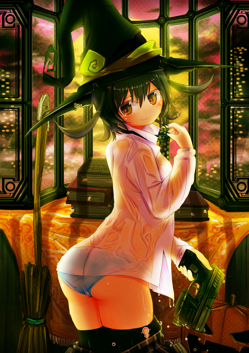 ass black_legwear hat ico_(green_bullet) looking_back original panties smile solo thighhighs underwear water_gun wet wet_clothes witch_hat