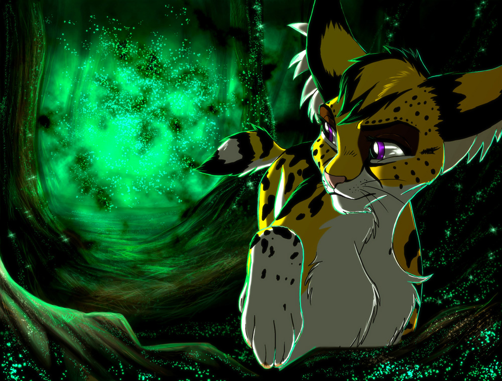 fantasy fantasyisland feline firefly forest light mammal mystery serval tree yunaki