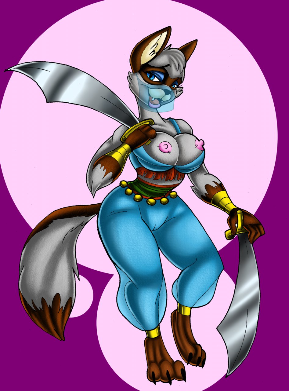 arabia belly_dancer big_breasts breasts cat clothed clothing feline female gold half-dressed jewels mammal nipples popesslodovica pussy scimitar siamese sly_cooper sly_cooper_(series) sword weapon wide_hips