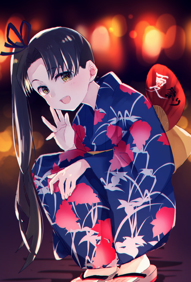 1girl 8ne_(nitika127) ayanami_(kantai_collection) bangs blush brown_eyes brown_hair eyebrows_visible_through_hair fan fingernails floral_print hair_ribbon hand_on_own_knee japanese_clothes kantai_collection kimono long_hair long_sleeves looking_at_viewer open_mouth outdoors ponytail ribbon sandals side_ponytail solo squatting teeth waving yukata