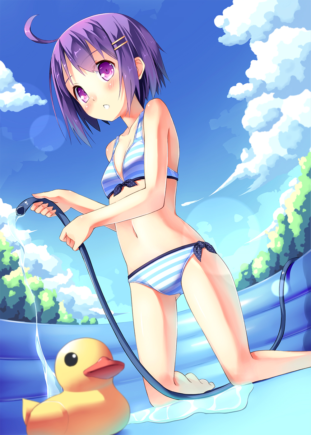 :o ahoge ass_visible_through_thighs bad_feet bad_id bad_pixiv_id bangs bare_arms bare_shoulders barefoot bikini cloud day dutch_angle eyebrows_visible_through_hair front-tie_top highres hose kinta_(distortion) kneeling lens_flare navel original outdoors parted_lips purple_eyes purple_hair rubber_duck short_hair side-tie_bikini sky solo striped striped_bikini swimsuit wading_pool water