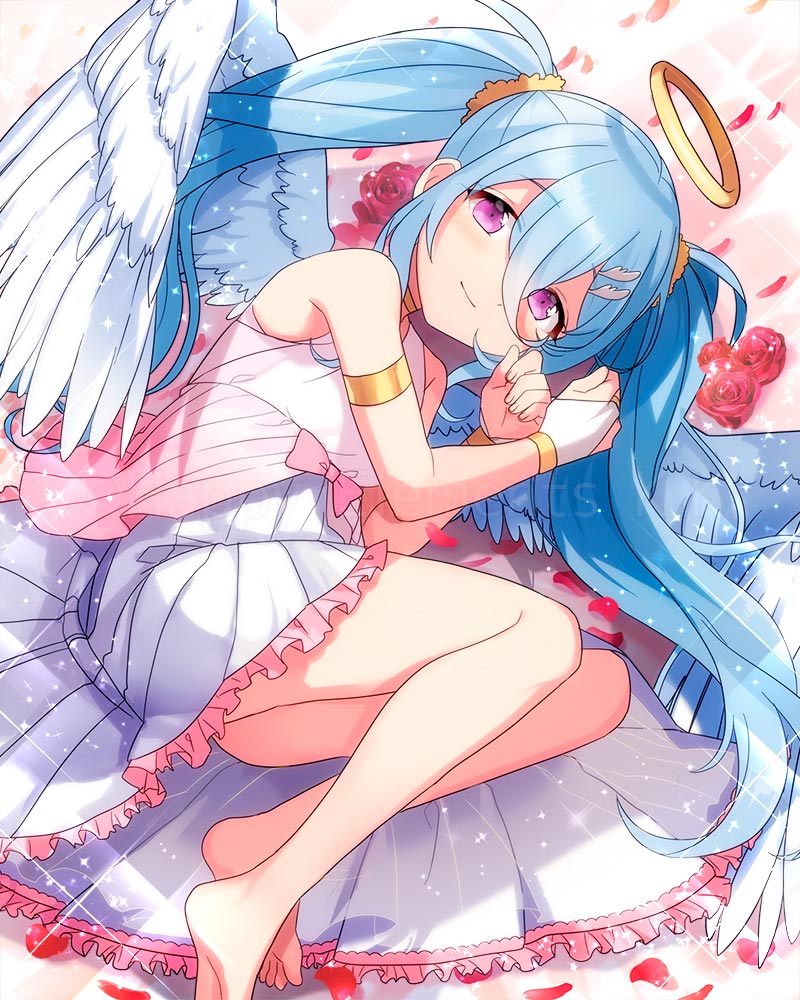 angel angel_wings barefoot blue_hair bow dress ensemble_girls! ensemble_girls_(artist) feathered_wings flower futaba_minazuki hair_ornament hairclip halo legs long_hair lying official_art on_side pink_bow purple_eyes rose smile solo twintails watermark wings