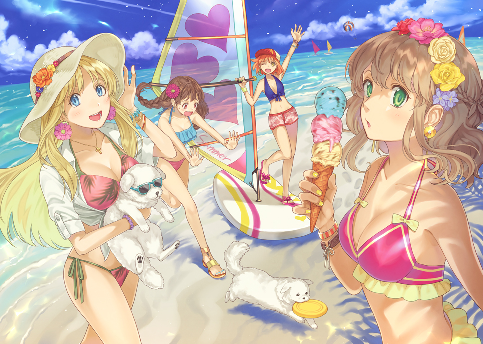 bad_id bad_pixiv_id beach bikini blonde_hair blue_eyes braid brown_hair day dog earrings flower food green_eyes hair_flower hair_ornament happy hat hat_flower ice_cream jewelry long_hair multiple_girls nail_polish nazuki_nazu necklace ocean one_eye_closed orange_hair original outdoors red_eyes rose sandals short_hair sky smile sunglasses surfboard swimsuit triple_scoop twin_braids water yellow_eyes yellow_flower yellow_rose