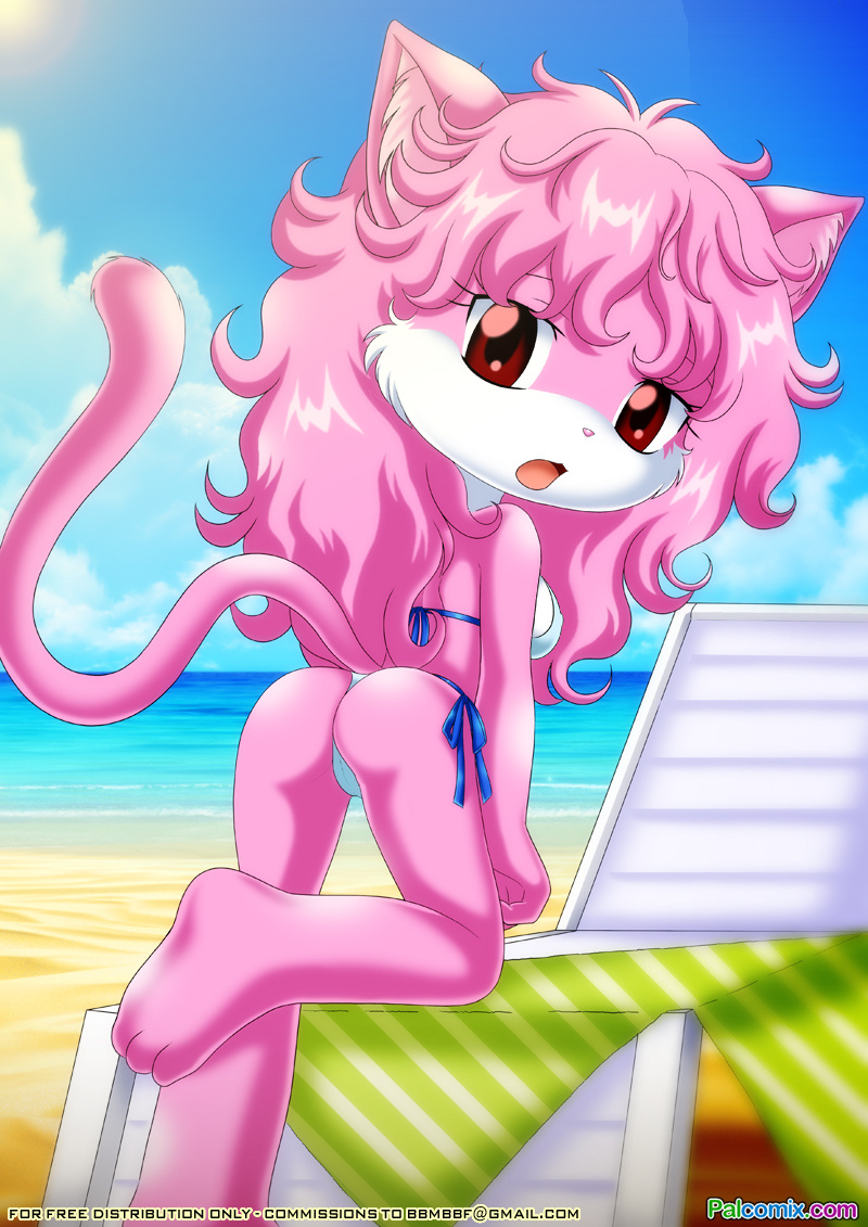 bbmbbf beach bikini breasts butt cat clothed clothing cute feline female hair looking_at_viewer looking_back mammal pink_hair red_eyes seaside side_boob skimpy sky swimsuit tight_clothing