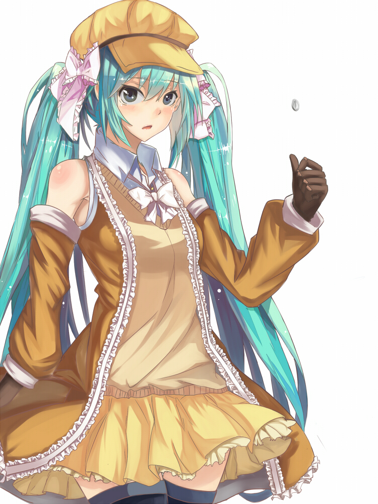 aqua_hair bad_id bad_pixiv_id bow bowtie detached_sleeves echj gloves hair_ribbon hat hatsune_miku long_hair ribbon simple_background skirt solo thighhighs twintails very_long_hair vocaloid white_background