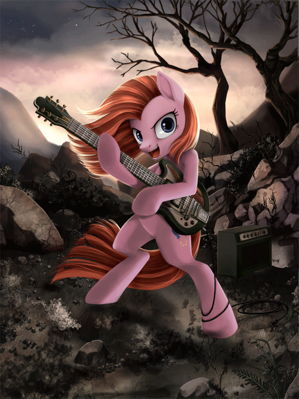 animated blue_eyes cloud cutie_mark dead_tree electric_guitar equine female feral friendship_is_magic guitar hair horse mammal my_little_pony night outside pink_hair pinkamena_(mlp) pinkie_pie_(mlp) pony ponykillerx rock solo stars straight_hair tree