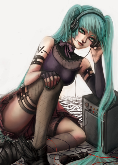 allison_chan arm_strap banned_artist breasts cable fingerless_gloves fishnets gloves green_eyes green_hair hatsune_miku headphones lipstick listening_to_music long_hair looking_at_viewer makeup medium_breasts microphone mismatched_gloves mismatched_legwear nail_polish nose skirt solo speaker tattoo very_long_hair vocaloid