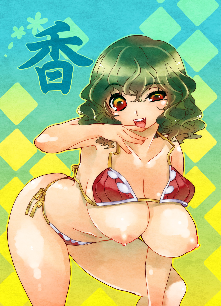belly bikini breasts commentary_request green_hair hanging_breasts highres huge_breasts kazami_yuuka navel nipples plump red_eyes smile solo swimsuit touhou tsuutenkaaku