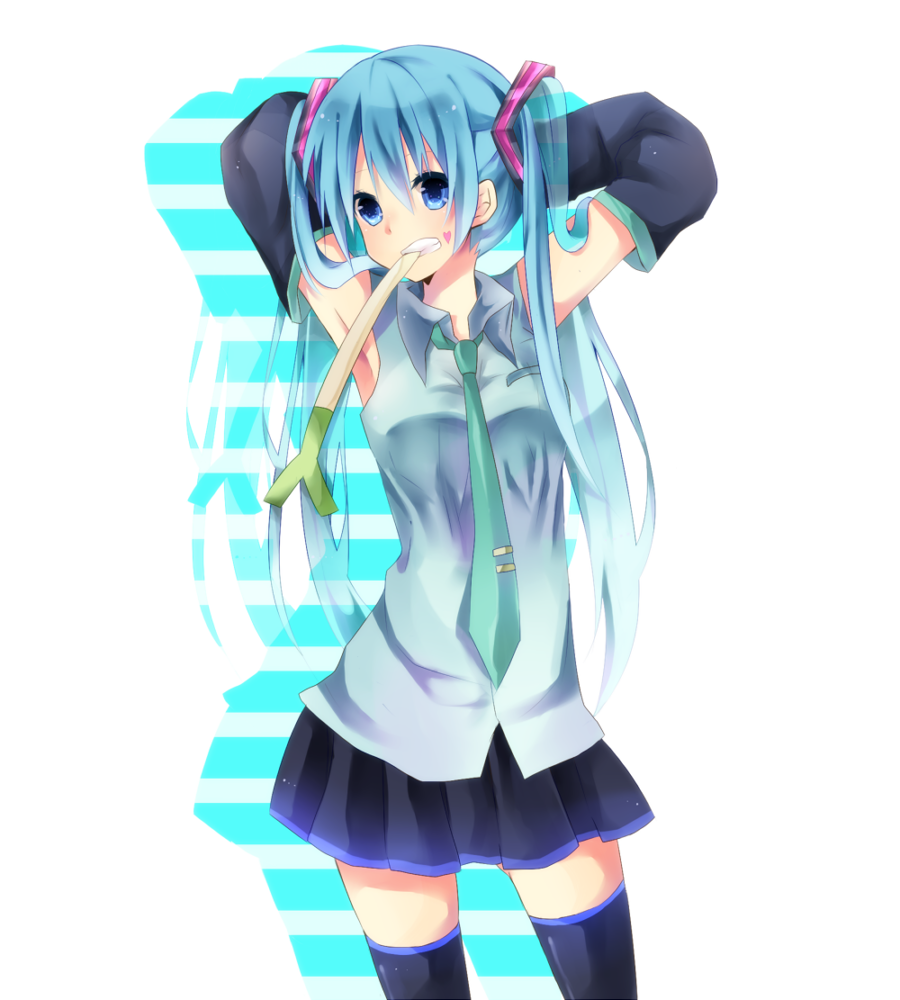 aqua_hair armpits arms_up bad_id bad_pixiv_id blue_eyes detached_sleeves hatsune_miku long_hair mouth_hold naoton necktie skirt solo spring_onion thighhighs twintails vocaloid