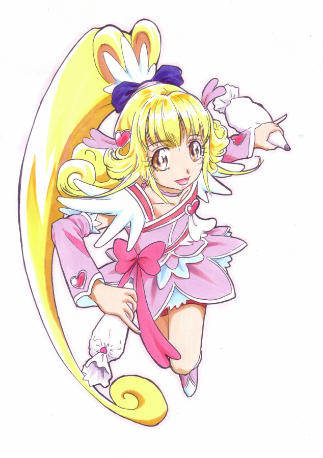 aida_mana blonde_hair bow cosplay cure_heart cure_heart_(cosplay) dokidoki!_precure eyelashes hair_ornament half_updo heart heart_hair_ornament higashiyama_seika long_hair orange_eyes pastry_bag pink_bow pink_sleeves ponytail precure shimoyama_takayasu simple_background solo suite_precure white_background