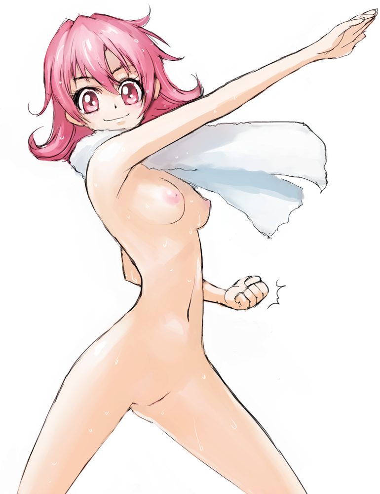 aida_mana alternate_hairstyle blush breasts clenched_hand dokidoki!_precure flipped_hair ginko_(silver_fox) hair_down henshin_pose kamen_rider navel nipples nude outstretched_arm outstretched_hand parody pink_eyes pink_hair pose precure simple_background small_breasts smile solo towel towel_around_neck wet white_background