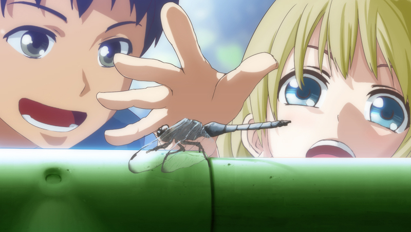 1girl blonde_hair blue_eyes brown_hair bug dragonfly insect mocha_(cotton) open_mouth original short_hair