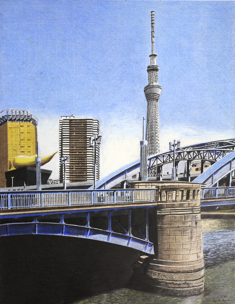 arch_bridge bridge building city cityscape colored_pencil_(medium) dated day hayashi_ryouta landmark no_humans original real_world_location river scenery signature tokyo_(city) tokyo_sky_tree traditional_media