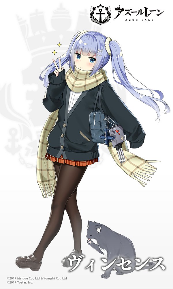 1girl aircraft airplane animal azur_lane bag bangs black_cat black_jacket blue_eyes blue_hair blush buttons cat closed_mouth commentary_request english_text expressionless eyebrows eyebrows_visible_through_hair hair_ornament handbag heart jacket long_hair looking_at_viewer orange_skirt pantyhose pet plaid plaid_scarf plaid_skirt pocket scarf shoes simple_background skirt sleeves_past_wrists solo sparkle turret twintails undershirt v vincennes_(azur_lane) white_background white_undershirt