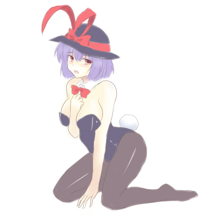 between_breasts black_legwear bow bowtie breasts bunny_tail bunnysuit cleavage detached_collar hat hat_ribbon isaki_(gomi) large_breasts leotard nagae_iku no_shoes open_mouth pantyhose purple_hair red_eyes ribbon short_hair sitting solo tail touhou wariza wrist_cuffs