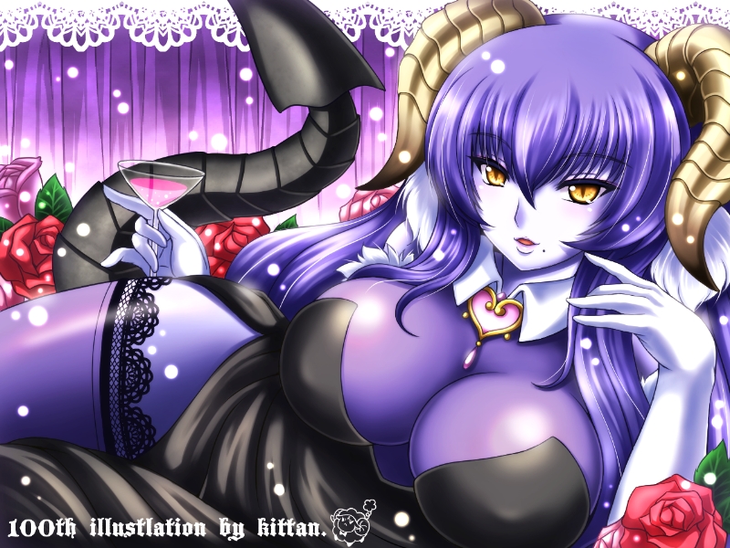 artist_name black_dress blue_hair blue_skin breasts covered_nipples cup demon_girl demon_horns demon_tail dress drinking_glass flower horns kittan_(cve27426) large_breasts long_hair looking_at_viewer mole mole_under_mouth original rose solo tail wine_glass yellow_eyes