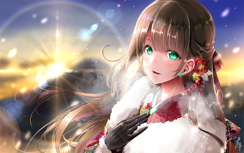1girl 2019 bangs black_gloves blurry blurry_background breath brown_hair commentary_request dated depth_of_field diffraction_spikes earrings eyebrows_visible_through_hair floating_hair floral_print flower fur-trimmed_gloves fur_collar fur_trim glint gloves green_eyes hair_flower hair_ornament japanese_clothes jewelry kanzashi kimono lens_flare long_hair looking_at_viewer midoriiro_no_shinzou original outdoors print_kimono rainbow red_flower red_kimono sidelocks signature snowing solo sun sunlight upper_body winter