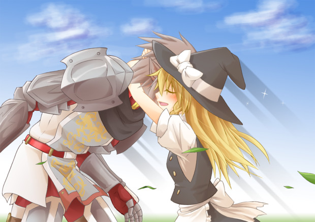 1girl apron armor black_dress blonde_hair blush bow buront dress elf final_fantasy final_fantasy_xi happy hat hat_bow hug image_sample ken_tatsuki kirisame_marisa nicoseiga_sample open_mouth pointy_ears puffy_sleeves ribbon short_hair short_sleeves silver_hair the_iron_of_yin_and_yang touhou witch witch_hat