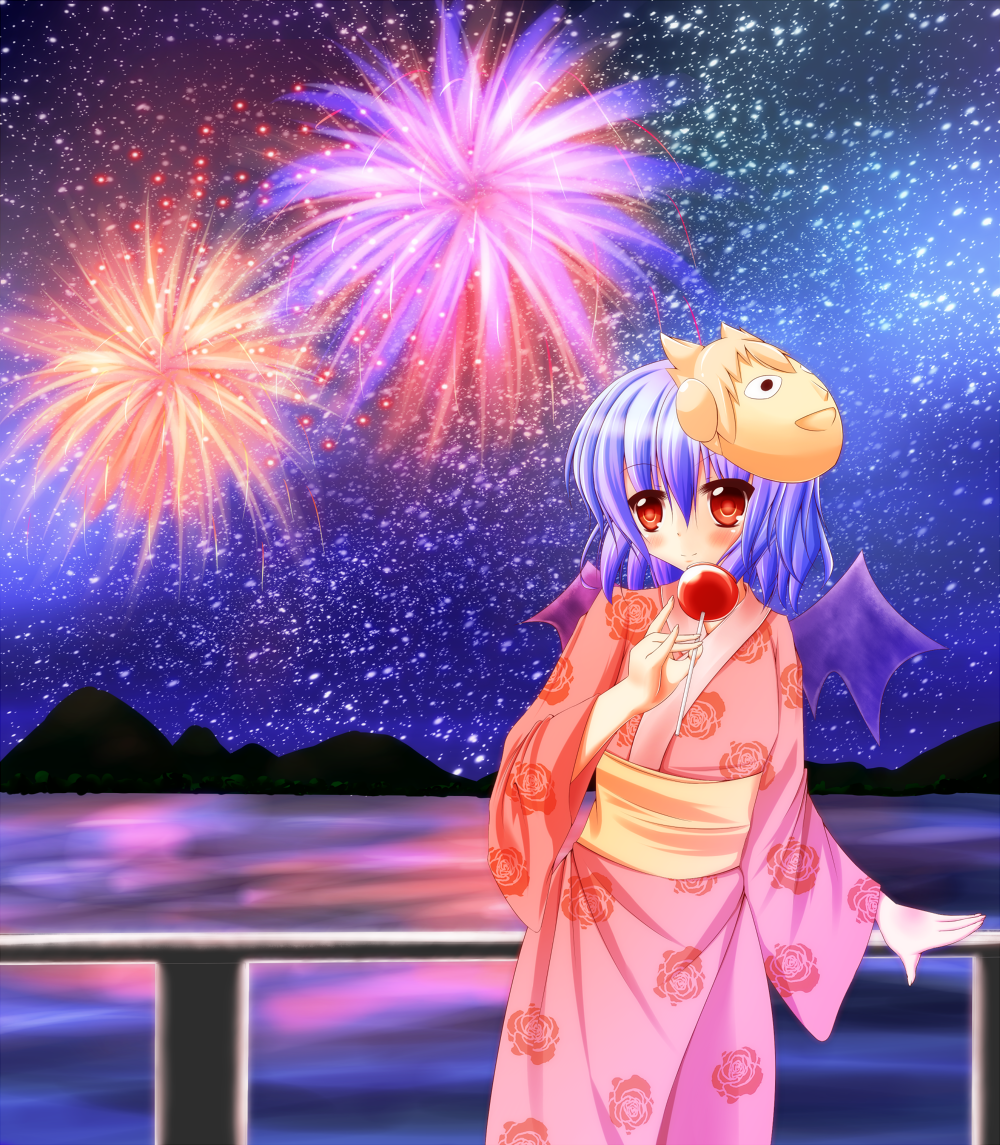 \n/ aerial_fireworks alternate_costume bat_wings blue_hair blush candy_apple doku_(lose_faith) fireworks floral_print flower food forest japanese_clothes kimono lake light_smile looking_at_viewer mountain nature new_mask_of_hope night night_sky obi pink_kimono railing red_eyes reflection remilia_scarlet rose sash short_hair sky solo star_(sky) starry_sky touhou toyosatomimi_no_miko wings yukata