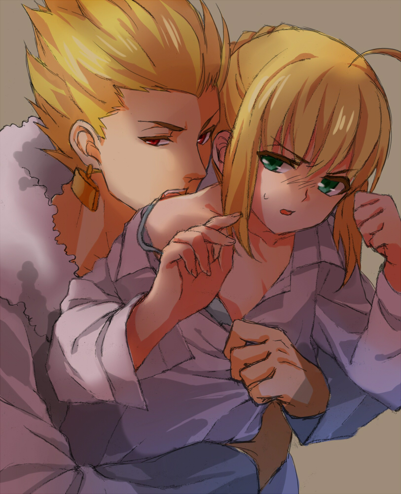 1girl ahoge artoria_pendragon_(all) blonde_hair casual earrings fate/stay_night fate_(series) fur_trim gilgamesh green_eyes ha84no hair_slicked_back hetero jewelry red_eyes saber