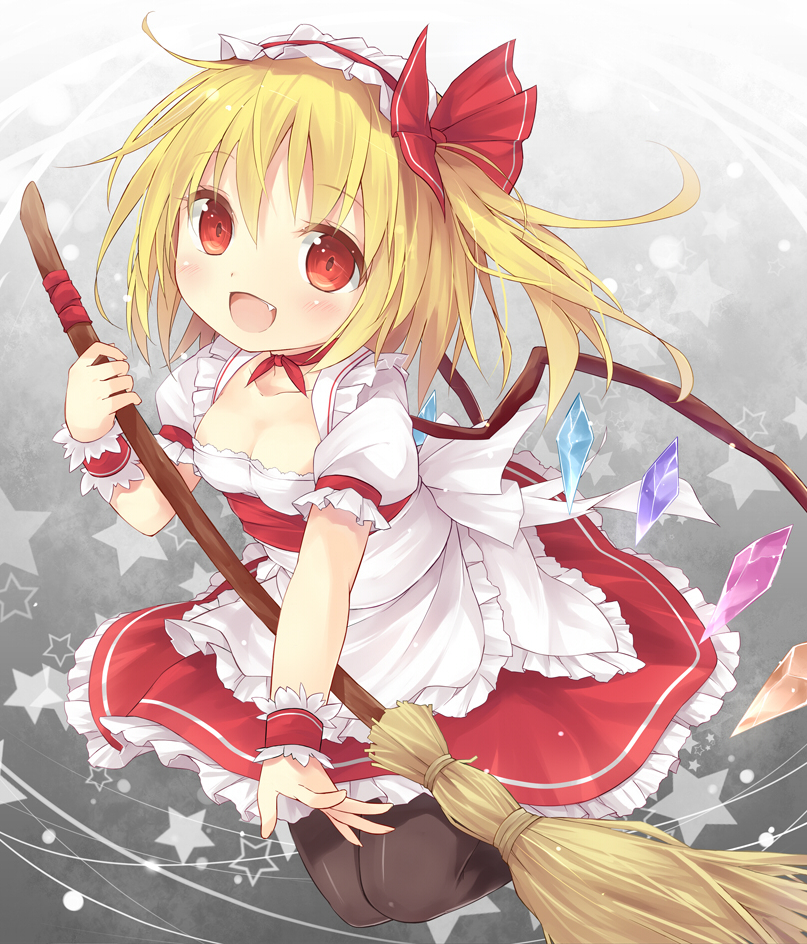 alternate_costume apron bad_id bad_pixiv_id black_legwear blonde_hair breasts broom choker cleavage collarbone enmaided fang flandre_scarlet looking_at_viewer maid maid_headdress medium_breasts open_mouth pantyhose red_eyes red_skirt ribbon_choker side_ponytail skirt smile solo star tac423 touhou waist_apron wings wrist_cuffs