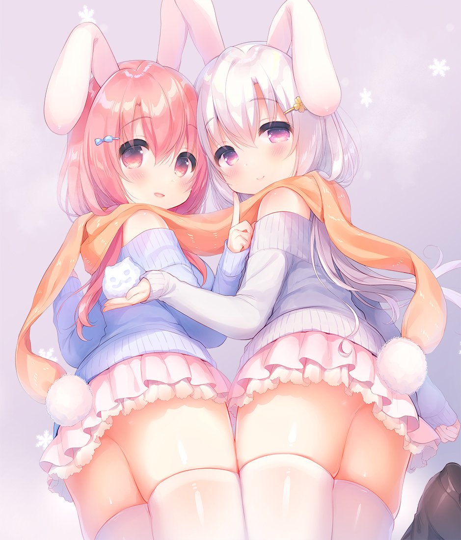 2girls :d animal_ears ass bangs bare_shoulders blue_sweater blush brown_footwear bunny_ears bunny_girl bunny_tail closed_mouth commentary_request eyebrows_visible_through_hair grey_sweater hair_between_eyes hair_ornament hairclip index_finger_raised long_hair long_sleeves looking_at_viewer looking_back multiple_girls off-shoulder_sweater open_mouth orange_scarf original pink_skirt pleated_skirt purple_eyes red_eyes red_hair sakura_(usashiro_mani) scarf shared_scarf shoe_soles silver_hair skindentation skirt sleeves_past_wrists smile snow snowflakes standing standing_on_one_leg sweater tail thighhighs usashiro_mani very_long_hair white_legwear
