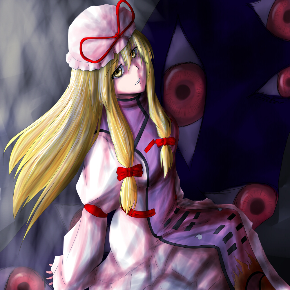 ao-shiba blonde_hair eyes gap hair_ribbon hat hat_ribbon long_hair ribbon solo touhou yakumo_yukari yellow_eyes