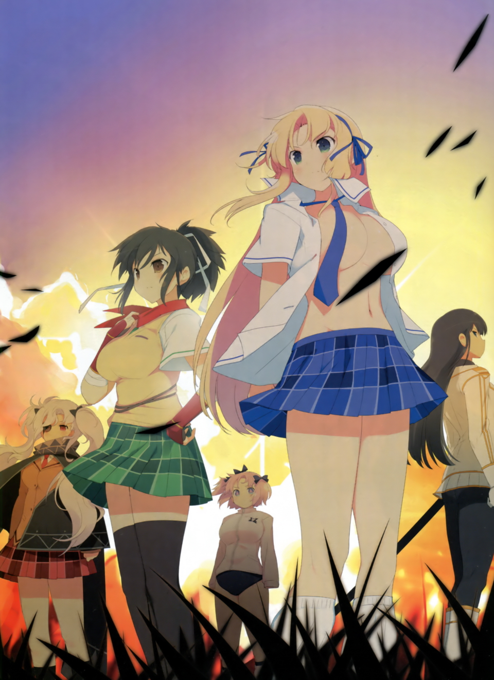 asuka_(senran_kagura) black_hair blonde_hair breasts brown_hair hibari_(senran_kagura) ikaruga_(senran_kagura) katsuragi_(senran_kagura) large_breasts pink_hair senran_kagura senran_kagura_(series) sunset yaegashi_nan yagyuu_(senran_kagura)