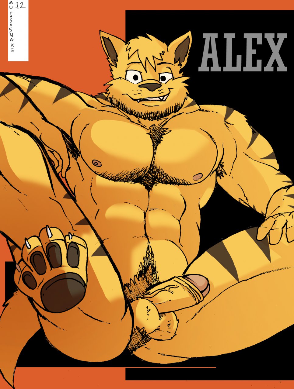 abs anthro balls biceps big_muscles cat chance_furlong claws fangs feline fur grin looking_at_viewer male mammal mufasanake muscles nipples nude pecs penis pubes solo stripes swat_kats uncut vein